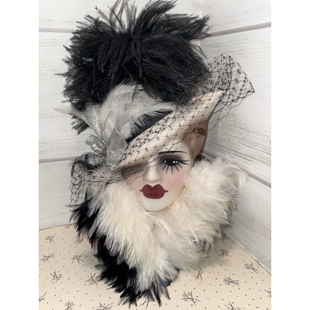 Unique‎ Creations Art Deco Roaring 20s Lady Face Mask Wall Hanging Feather Hat